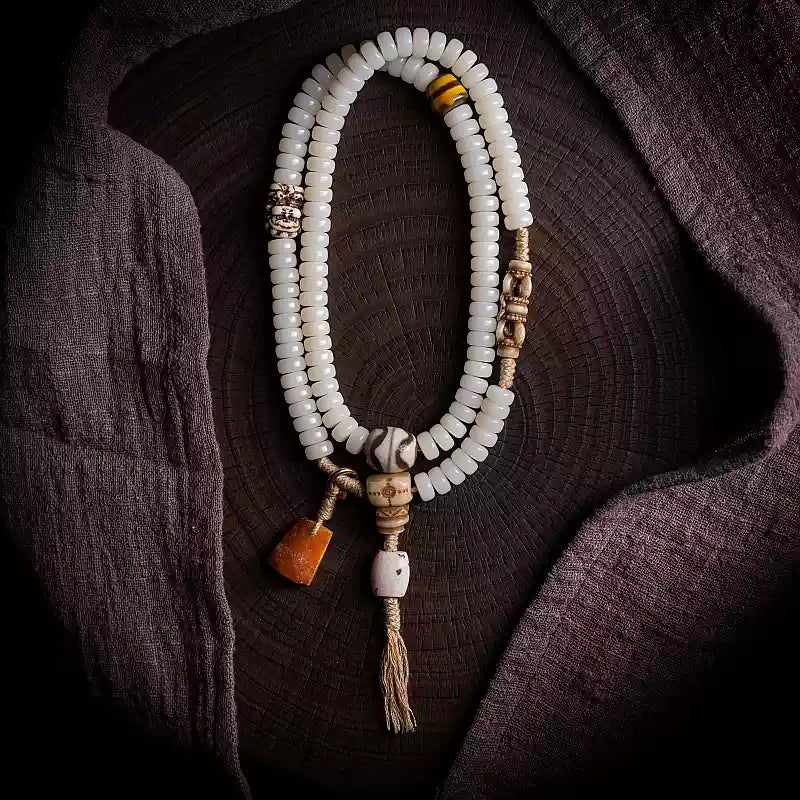 Tibetan Jewelry White Jade Bodhi Root 108 Mala Beads Bracelet for Meditation